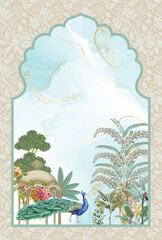 Traditional Mughal garden wedding invitation frame illustration