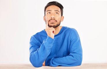 Aufkleber - Choice, thinking and space with man and idea in studio for confused, brainstorming and question. Doubt, solution and choice with asian person on white background for why, opportunity and mockup