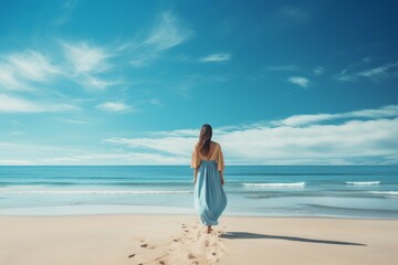 Blue sky seaside woman bright. Generate Ai