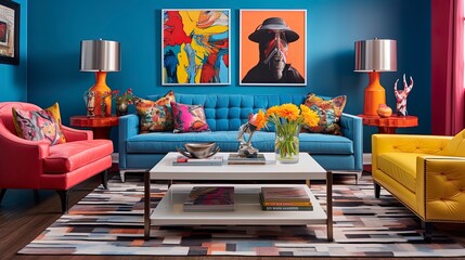 Vibrant and Eclectic Living Room with a Mix of Patterns, Bold Colors