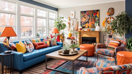 Vibrant and Eclectic Living Room with a Mix of Patterns, Bold Colors