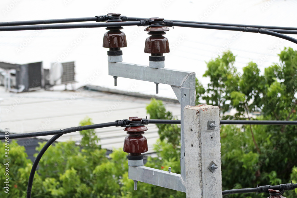 Pin Type High Voltage Insulators and Cable Installation on Concrete ...