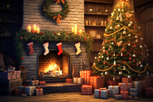 Interior Christmas, Magical Glowing Tree Next To Fireplace With Hanging Socks And Gifts
