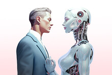 Man Stare At A Woman Robot Lovingly. Illustrate Romantic Relationship Between Human And Robots Concept.
