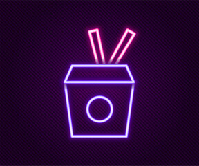 Poster - Glowing neon line Asian noodles in paper box and chopsticks icon isolated on black background. Street fast food. Korean, Japanese, Chinese food. Colorful outline concept. Vector