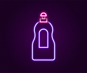 Sticker - Glowing neon line Dishwashing liquid bottle icon isolated on black background. Liquid detergent for washing dishes. Colorful outline concept. Vector