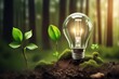 Glühbi mit Wassersparsymbolen Im grünen Wald mit Sonnenlicht. Tag der Umwelt und Tag des Wassers.saubere erneuerbare Energie, Umweltschutzkonzept zum Schutz der Umwelt un der  Erde - KI generiert