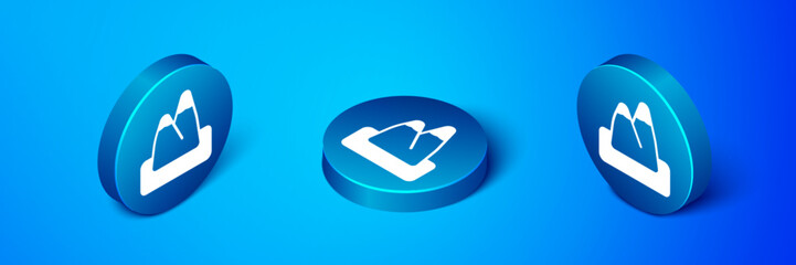 Sticker - Isometric Mountains icon isolated on blue background. Symbol of victory or success concept. Blue circle button. Vector