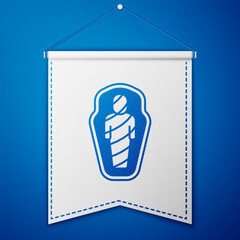 Wall Mural - Blue Egypt mummy in sarcophagus icon isolated on blue background. White pennant template. Vector