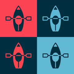 Sticker - Pop art Kayak and paddle icon isolated on color background. Kayak and canoe for fishing and tourism. Outdoor activities. Vector