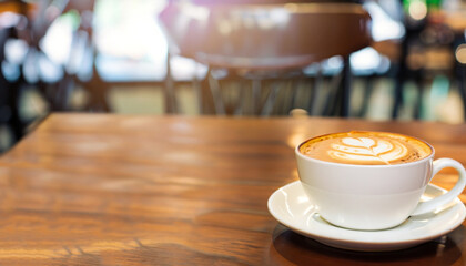 Wall Mural - Hot art Latte Coffee in a cup on wooden table and Coffee shop blur background with bokeh image