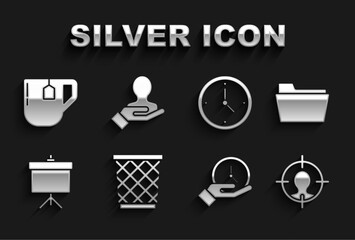 Sticker - Set Trash can, Document folder, Head hunting concept, Clock, Chalkboard with diagram, Cup of tea tea bag and Hand for search people icon. Vector