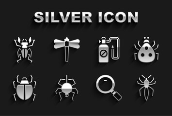 Sticker - Set Spider, Ladybug, Magnifying glass, Mite, Pressure sprayer, Beetle deer and Dragonfly icon. Vector