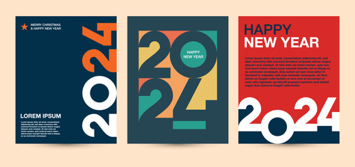 Poster - 2024 colorful set of Happy New Year posters. typography design Happy new year 2024 for celebration and season decoration, backgrounds, branding, banner, cover, card and or social media template.