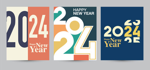Poster - 2024 colorful set of Happy New Year posters. typography design Happy new year 2024 for celebration and season decoration, backgrounds, branding, banner, cover, card and or social media template.