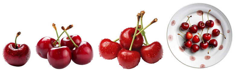 Wall Mural - Cherry set. One cherry close-up. A bunch of cherries. Lots of cherries on the plate. Isolated on a transparent background. KI.