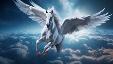 White Pegasus Flies Over Clouds Made With Generative AI