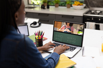 Poster - rear view of a african american schoolgirl having a video call with female teacher on laptop