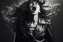 Portrait Of A Beautiful Rocker Woman In A Black Leather Jacket On A Studio Background. Screaming Girl Isolted Exemplifies Youthful Rebellion, Alternative Fashion, Self-expression.