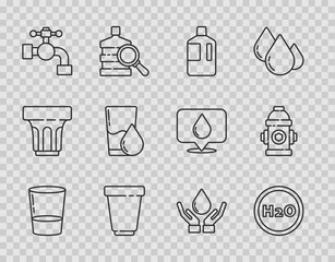 Wall Mural - Set line Glass with water, Chemical formula for H2O, Big bottle clean, Water filter cartridge, tap, Washing hands soap and Fire hydrant icon. Vector