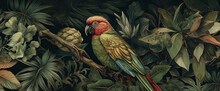 Leaf Wallpaper Palm Jungle Exotic Bird Art Tropical Nature Flower. Generative AI.