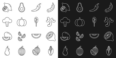 Sticker - Set line Corn, Lemon, Beans, Hot chili pepper pod, Pumpkin, Broccoli, and Spinach icon. Vector