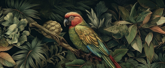 leaf wallpaper palm jungle exotic bird art tropical nature flower. generative ai.