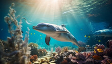 Underwater World Dolphin At The Bottom Of The Ocean Close Up Sunlight Shine Through Water Made With Generative AI