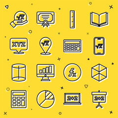 Poster - Set line Chalkboard, Geometric figure Cube, Square root of x glyph, Ruler, XYZ Coordinate system, and Calculator icon. Vector