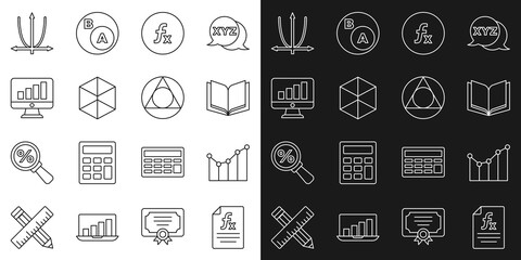 Poster - Set line Function mathematical symbol, Graph, schedule, chart, diagram, Open book, Geometric figure Cube, Computer monitor with graph, and Triangle icon. Vector