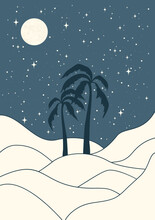Desert Landscape - Palms In Night Dunes Printable Illustration