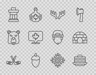 Poster - Set line Ice hockey sticks, Stack of pancakes, Deer antlers, Acorn, Inukshuk, Canadian maple leaf, Snowflake and Igloo ice house icon. Vector