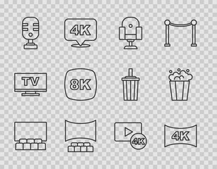 Sticker - Set line Cinema auditorium with screen, Screen tv 4k, Director movie chair, Microphone, 8k Ultra HD, and Popcorn cardboard box icon. Vector