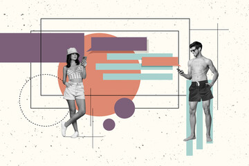 Poster - Creative magazine collage of happy smiling couple communicating modern devices empty space isolated white color background