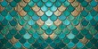 Abstract gold turquoise aquamarine green fish scale ceramic stone tiles texture wall background wallpaper (Generative Ai)