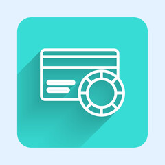 Poster - White line Credit card icon isolated with long shadow. Online payment. Cash withdrawal. Financial operations. Shopping sign. Green square button. Vector