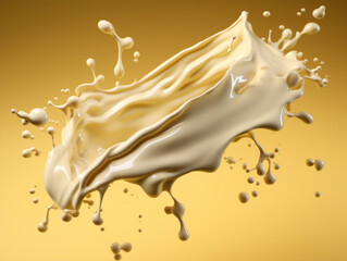 Close up of a realistic almond Milk splash isolated on yellow background. Oat milk splash. Gollden milk or moon milk with splash on colored background. Turmeric milk, antioxidant immune boosting drink