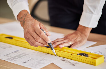 Poster - Closeup, hands and architect with blueprint, measurement and planning for new project construction. Zoom, engineering and male person with documents, architecture and equipment to check information
