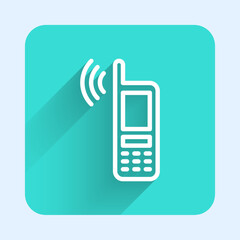 Poster - White line Smartphone with free wi-fi wireless connection icon isolated with long shadow background. Wireless technology, wi-fi connection, wireless network. Green square button. Vector