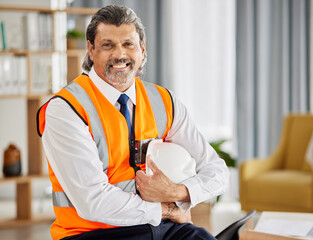 Canvas Print - Construction, contractor and portrait of man in office for project management, development and industrial planning. Happy mature designer, building planner and engineering manager with safety helmet