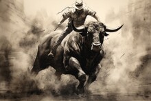 Cowboy Riding And Taming The Wild Bull, Charcoal Drawing On Paper.