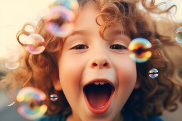 Joyful happy laughing Caucasian child daughter kid girl children laugh excited smiling open mouth amazed enjoy playing with soap bubbles having fun happiness childhood summer vacation family holiday