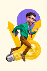 Poster - Composite collage image of running fast hurry man electric bulb clever laptop arrows businessman excited entrepreneur have fun startup idea