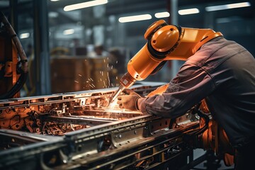 Poster - Top View Image Of A Person Controlling A Robot Arm For Precise Industrial Automation Manufacturing Generative AI