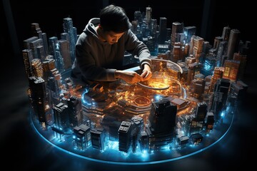 Fototapete - Top View Image Of A Person Building And Managing A Virtual City In A Simulation Game Engineer Generative AI