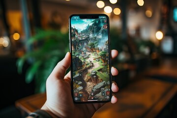 Poster - Top View Image Of A Person Using A Gaming Smartphone For Cloud Gaming Lifestyles Generative AI