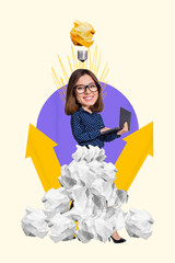 Canvas Print - Collage banner poster of smart lady expert prepare financial successful report work on laptop create brilliant idea light bulb