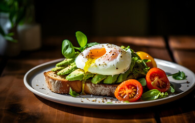 poached egg dish on a plate with tomatoes soft egg