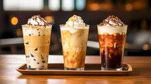 iced coffee, frappe and hot chocolate with whipped cream in a glass in a cafe, made with Generative AI