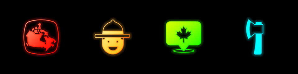 Poster - Set Canada map, Canadian ranger hat, maple leaf and Wooden axe icon. Vector